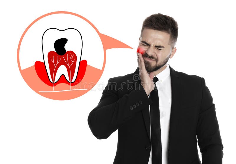 Man suffering from acute toothache on white background royalty free stock photo