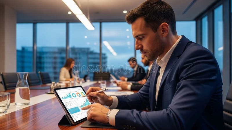 A large wooden table a glass water pitcher and several professionals stock illustration