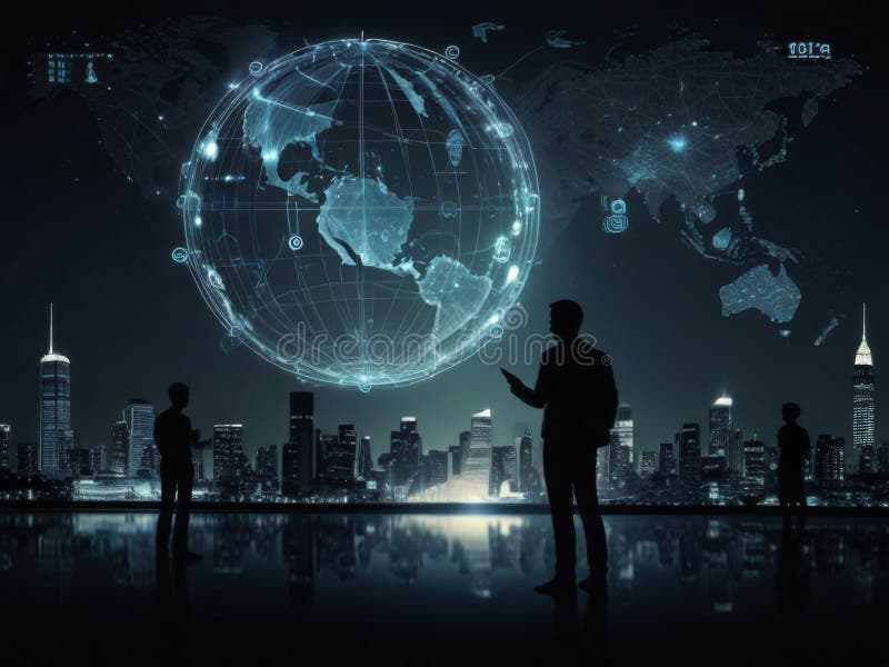 Man in a suit interacting with an advanced futuristic interface stock illustration