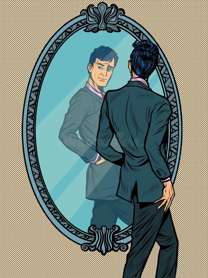 A man in a suit looks in the mirror, Narcissus