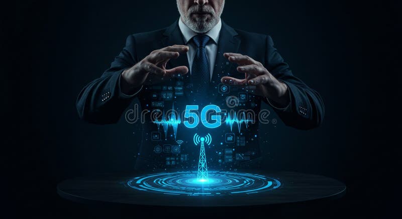 Man in suit presenting holographic display of a glowing blue network stock illustration
