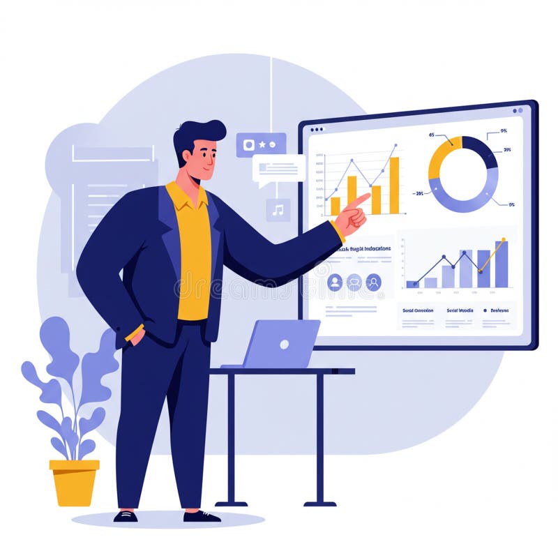 A man in a suit presents data on a large screen in an office setting. The displa royalty free illustration