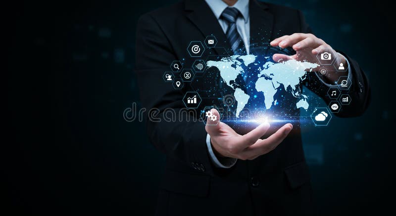 A man in a suit presents a digital hologram of a world map in his hands. royalty free illustration