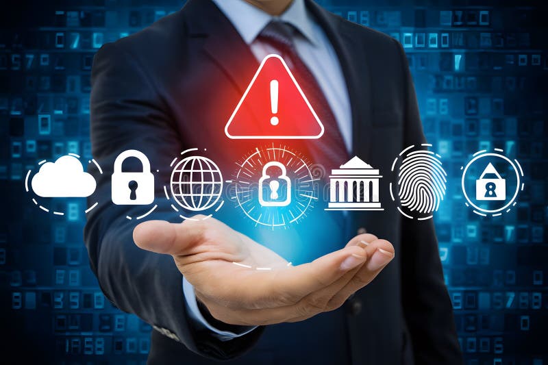 Man in suit presents digital interface with icons and red exclamation royalty free illustration