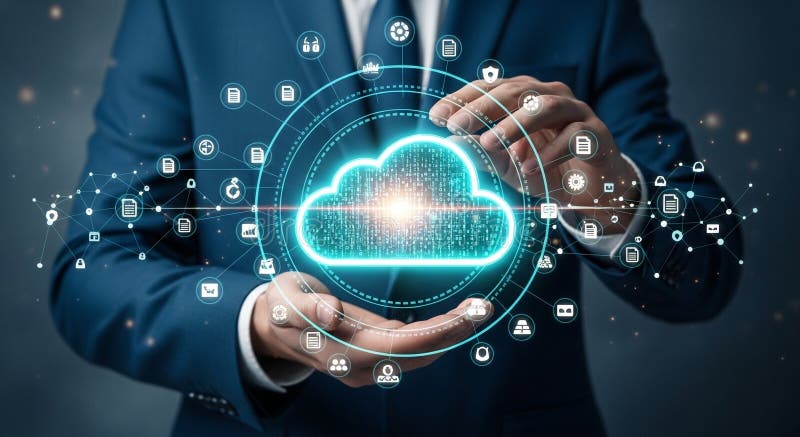 Man in suit presents glowing cloud surrounded by data icons in a digital network interface. a man in a suit presents a glowing cloud surrounded by data icons, symbolizing digital network interface and cloud computing technology solutions in business.