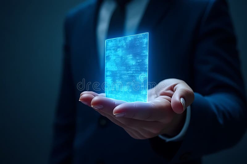 A man in a suit presents a glowing, futuristic, digital interface on his hand vector illustration