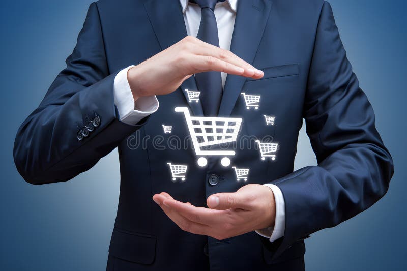 Man in suit presents glowing shopping cart icon, blue background emphasizes e commerce royalty free illustration