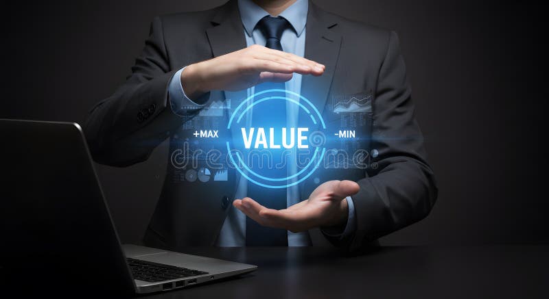 Man in suit presents glowing value graphic with laptop visible on the left side of the image stock illustration