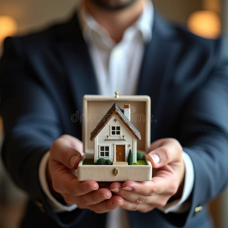 Man in suit presents miniature house inside jewelry box. Symbolic real estate gift in elegant indoor setting. Gift giving vector illustration