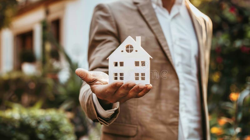 A man in a suit presents a model house, symbolizing real estate. Mortgage, rent, and sale of properties are highlighted royalty free illustration