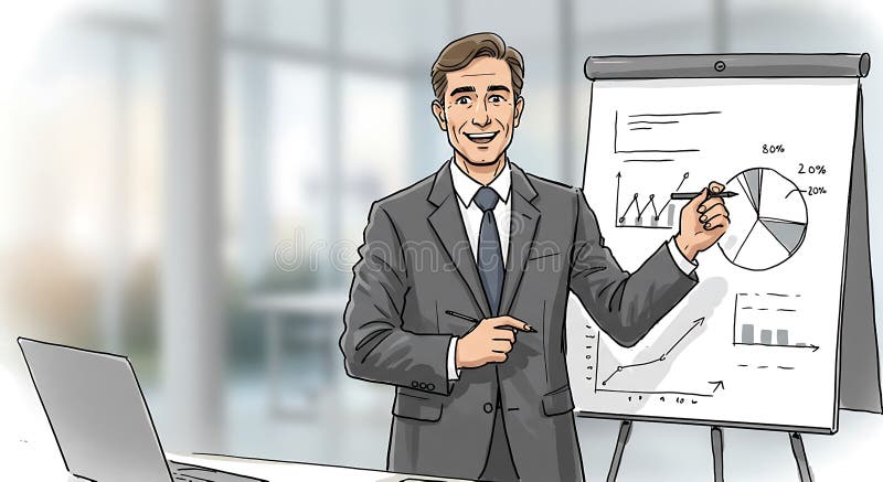 A man in a suit presents in an office setting. He stands next to a flip chart royalty free illustration