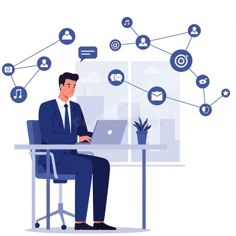 A man in a suit sits at a desk using a laptop, surrounded by icons representing vector illustration