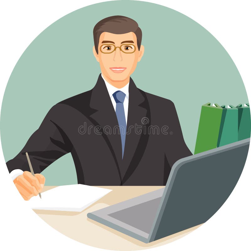 Man in suit sitting at table behind computer notebook vector