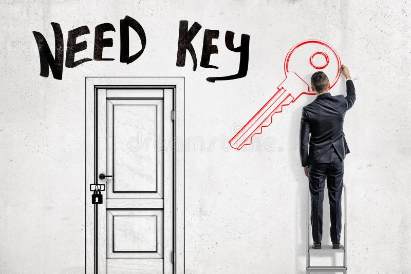A man in suit standing on a ladder to the right of a locked door with the title `Need Key` above and drawing a key on a
