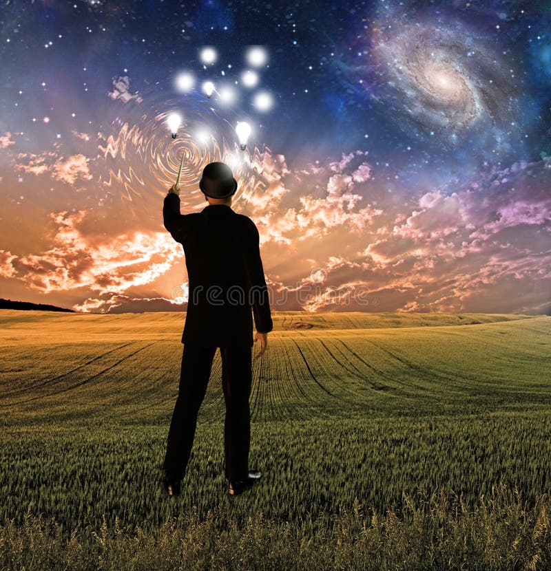 Man in suit touches sky creating ripples vector illustration