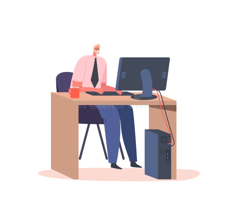 Man Sysadmin or Coder at Work on Computer in Office. Male Character Working With Big Data Technical Information on Pc stock illustration