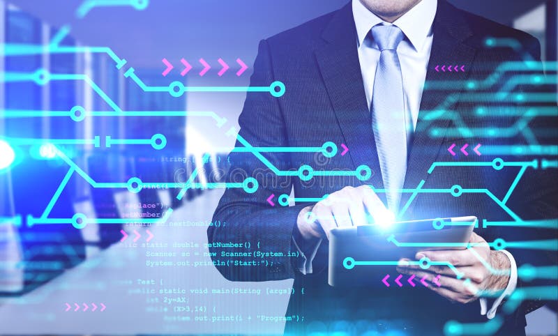 Unrecognizable man using tablet in blurred conference room with double exposure of circuits and lines of code. Concept of programming. Toned image. Source code script stock images, royalty-free photos and pictures
