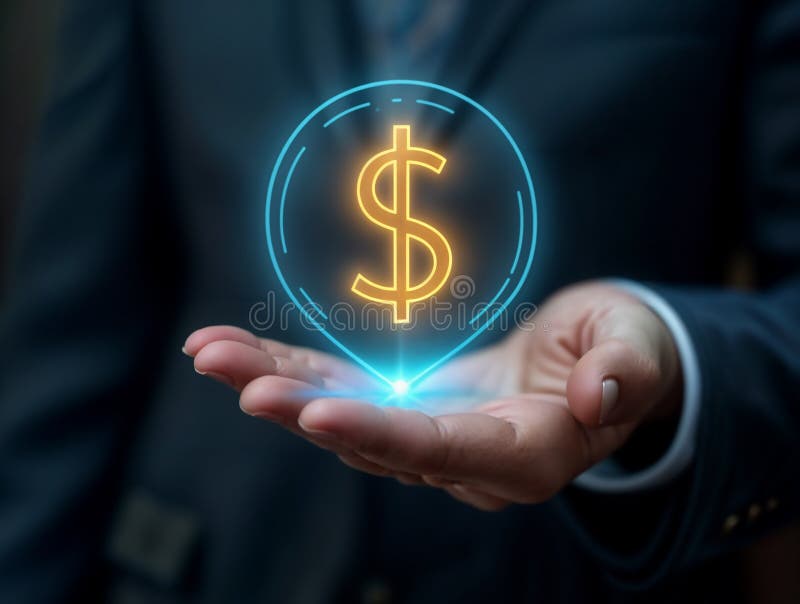 A man in a tailored suit presents a luminous dollar sign using his open palm stock illustration