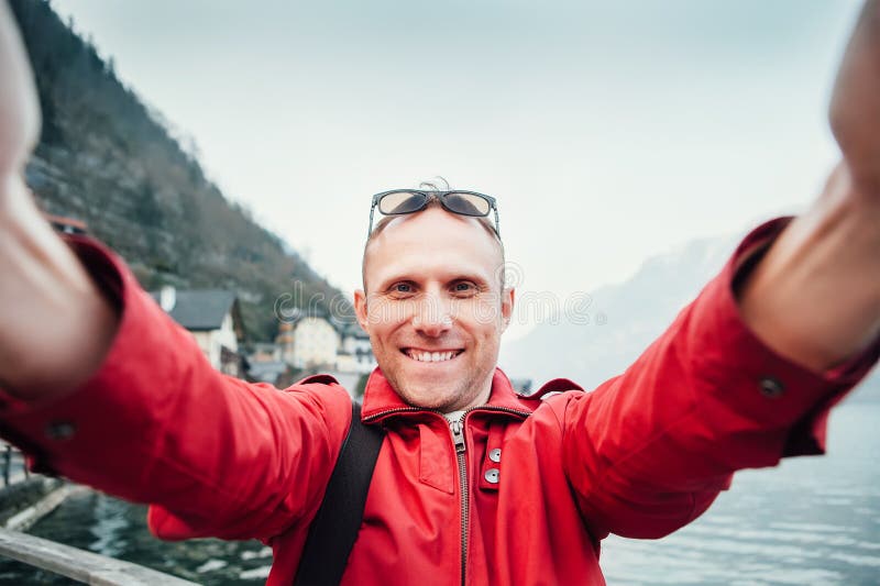 Man take his journey selfie photo with wide angle camera royalty free stock photography Man take his journey selfie photo with wide angle camera royalty free stock photography