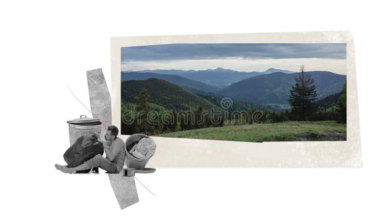 Man taking away garbage over mountain and forest image. Environment safety. Contemporary art collage. Concept of ecology, environment, problem, awareness