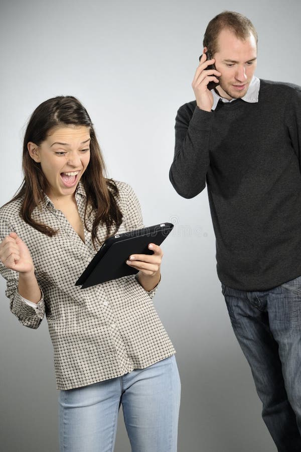 Man talking and female laughing