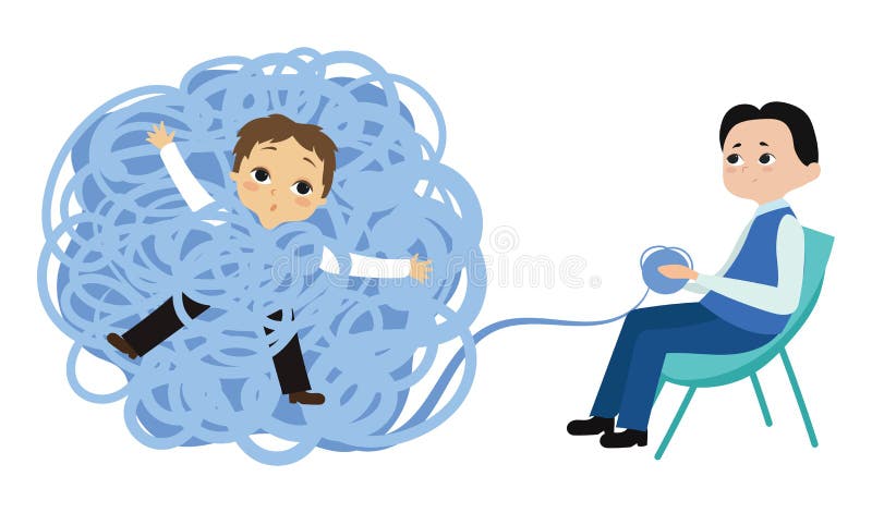 A man tangled in problems visited a psychologist. Solving psychological problems with a psychologist. Psychotherapy vector illustration