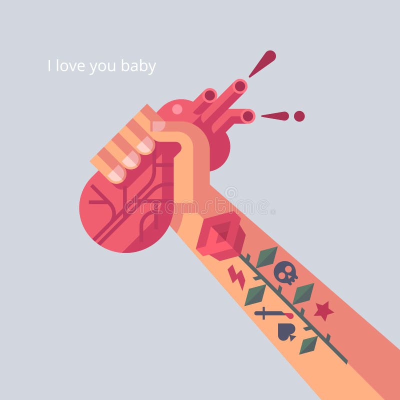 Man with tattoo is holding a his heart in hand. vector illustration Man with tattoo is holding a his heart in hand. vector illustration