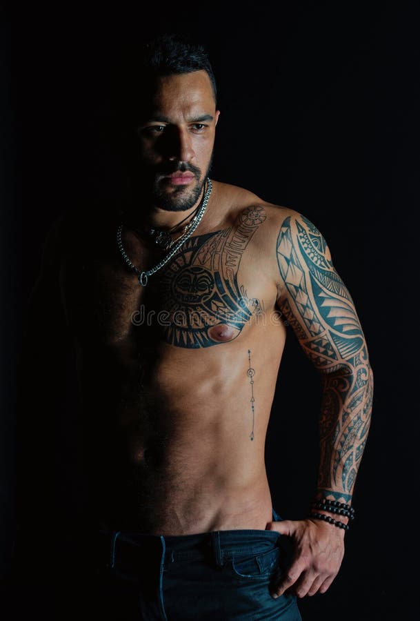 Man with Tattooed Arm and Chest. Bearded Man with Strong Torso. Tattoo Model  with Belly Stock Photo - Image of handsome, sexuality: 149502694