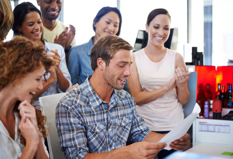 Man, team and applause with document in office for goals, success and celebration at media company. Person, excited royalty free stock photos