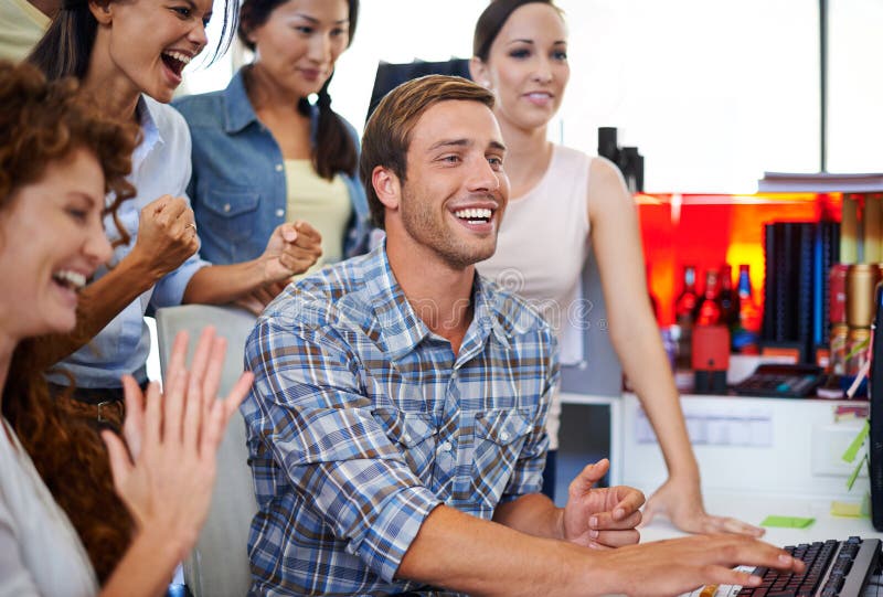 Man, team and celebration by computer in office for goals, success and applause at media company. Person, excited group royalty free stock photo