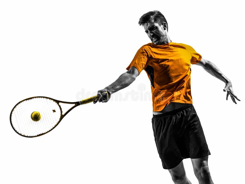 One man tennis player portrait in silhouette on white background. One man tennis player portrait in silhouette on white background