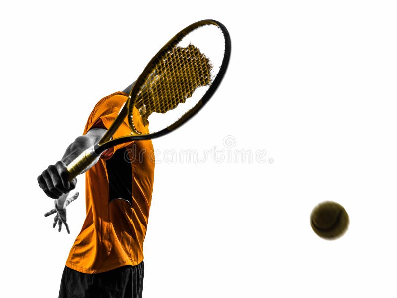 One man tennis player portrait in silhouette on white background. One man tennis player portrait in silhouette on white background