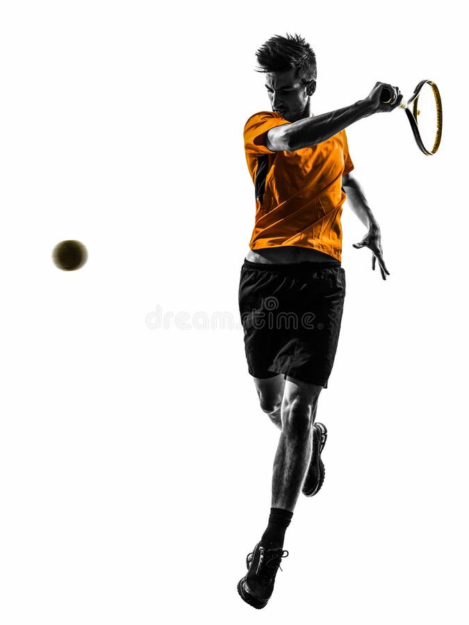 One man tennis player in silhouette on white background. One man tennis player in silhouette on white background