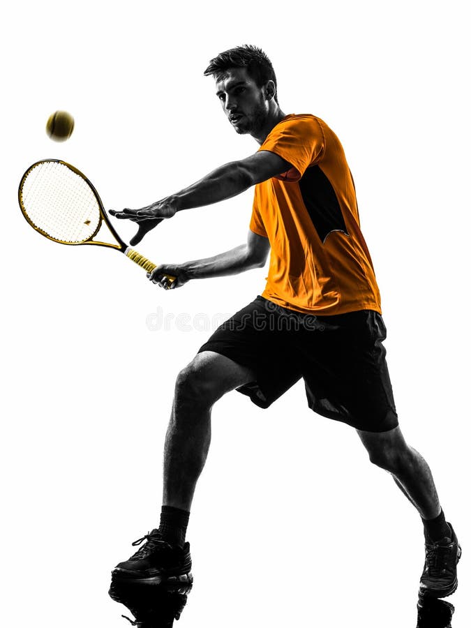 One man tennis player in silhouette on white background. One man tennis player in silhouette on white background