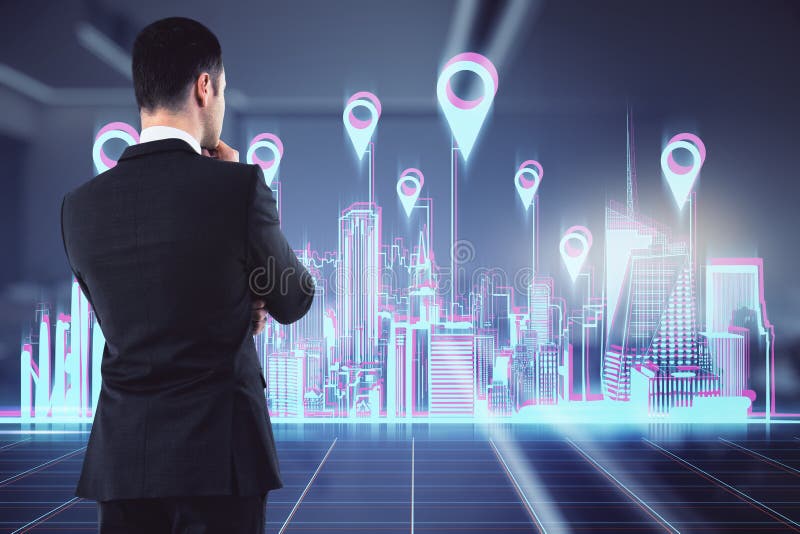 Man thinking on geolocation concept background. close up. Digital system concept stock images, royalty-free photos and pictures