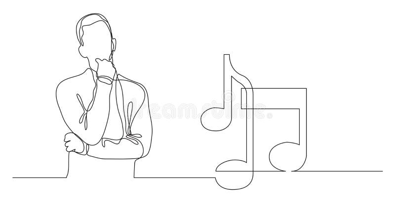 Man thinking about music - continuous line drawing vector illustration