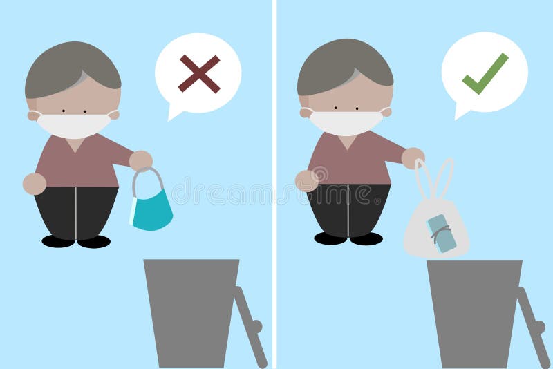 Man throw away single use protective face mask in plastic bag into garbage icon vector illustration. stock illustration