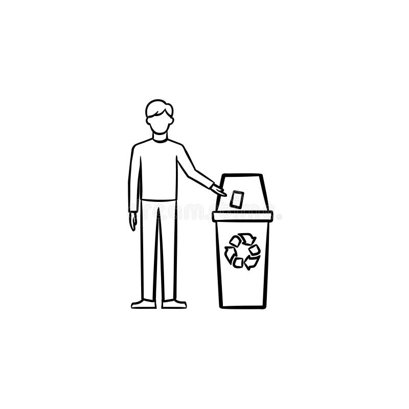 Man Throwing Garbage in a Trash Bin Hand Drawn Icon. Stock Vector