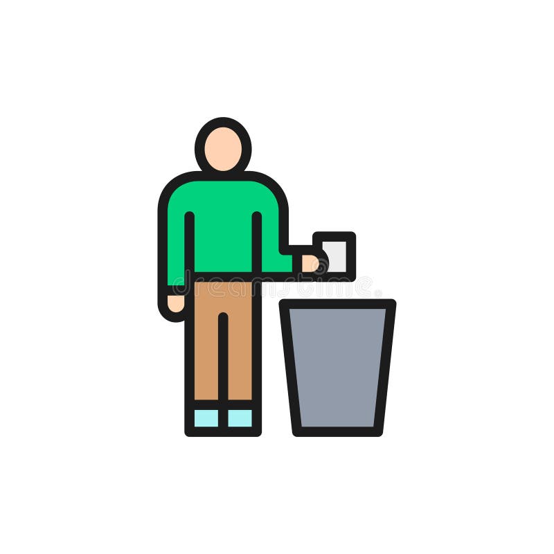 Man throwing out garbage, trash flat color line icon. vector illustration