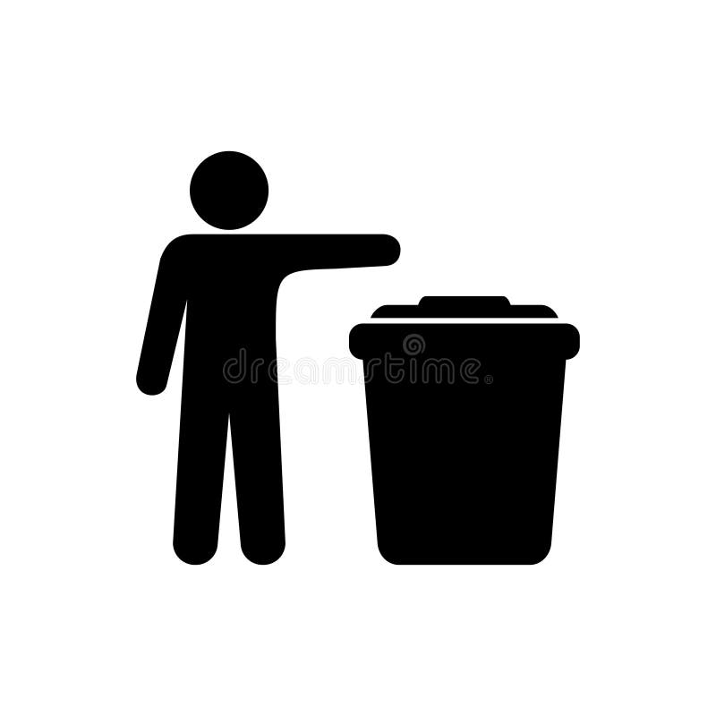 Man throws out garbage, icon trash can, stick man stands vector illustration