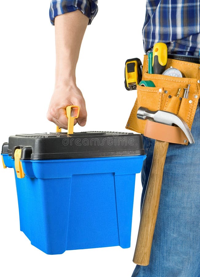 Man and toolbox with set of tools