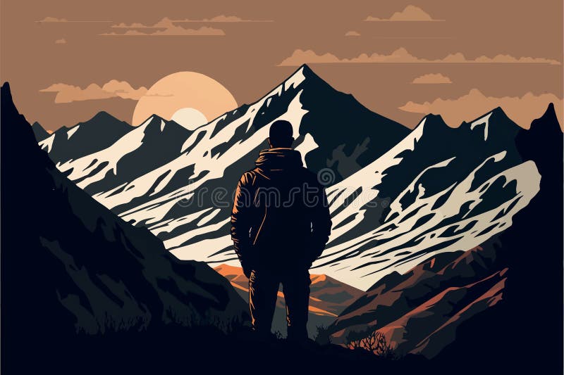 Man on top of a mountain looking in the distance. Vector art illustration of traveler. Successful