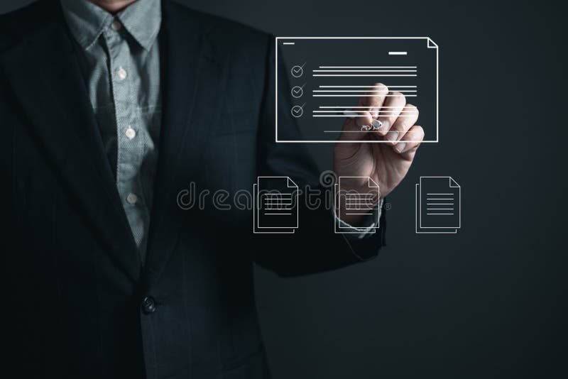 Man touch screen to manage data,Document Management System (DMS),knowledge and documentation in enterprise with ERP. royalty free stock images