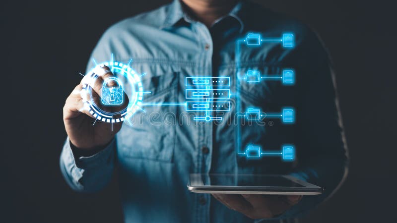 Man touch screen to manage data,Document Management System (DMS),knowledge and documentation in enterprise with ERP. royalty free stock photos
