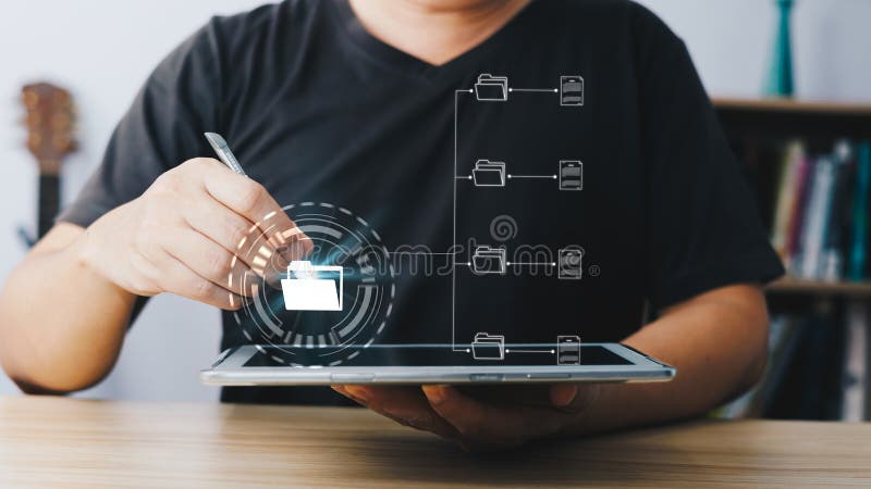 Man touch screen to manage data,Document Management System (DMS),knowledge and documentation in enterprise with ERP. stock photography