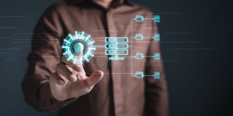 Man touch screen to manage data,Document Management System (DMS),knowledge and documentation in enterprise with ERP. royalty free illustration