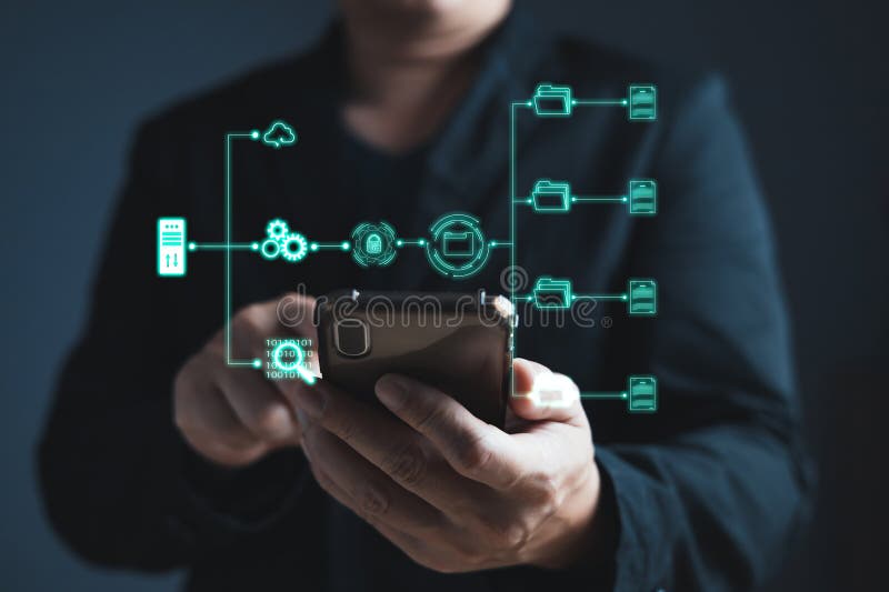 Man touch screen to manage data,Document Management System (DMS),knowledge and documentation in enterprise with ERP. stock photos