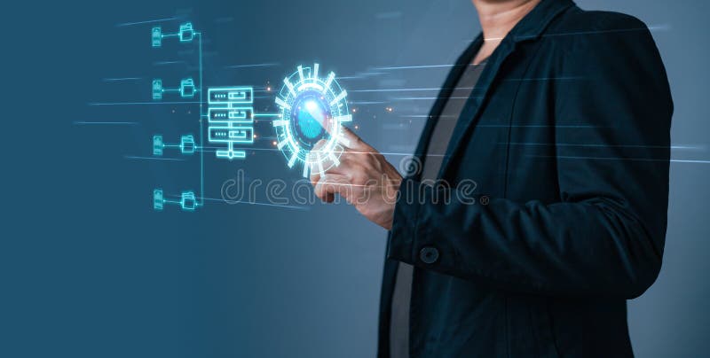 Man touch screen to manage data,Document Management System DMS stock image