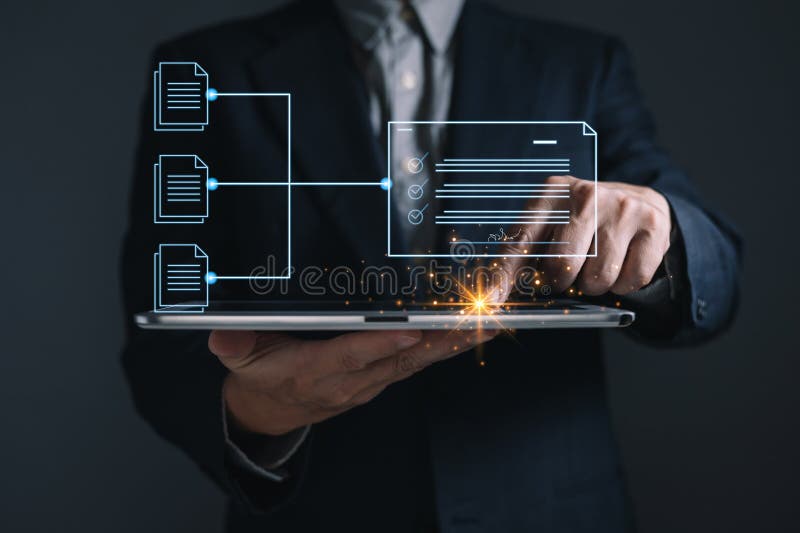 Man touch screen to manage data,Document Management System (DMS),knowledge and documentation in enterprise with ERP. stock image
