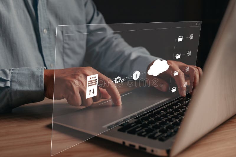 Man touch screen to manage data,Document Management System (DMS). royalty free stock images
